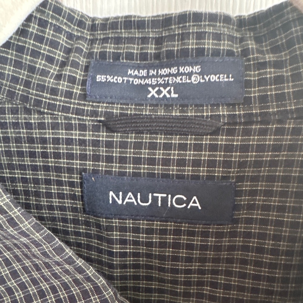 Nautica Mens XXL Olive Green Plaid‎ Button Down Shirt Cotton Tencel Long Sleeve - Picture 2 of 3